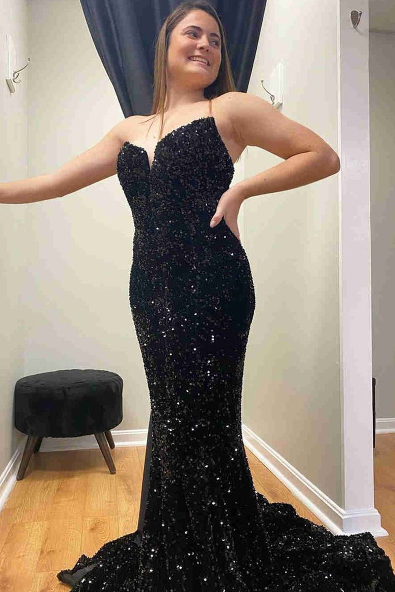 Load image into Gallery viewer, Sparkly Navy Sequins Mermaid Sweetheart Long Prom Dress