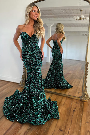 Sparkly Navy Sequins Mermaid Sweetheart Long Prom Dress