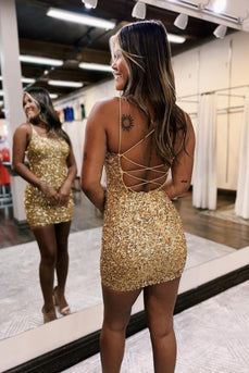 Gold Sparkly Spaghetti Straps Lace-Up Back Homecoming Dress with Sequins