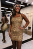 Load image into Gallery viewer, Gold Sparkly Spaghetti Straps Lace-Up Back Homecoming Dress with Sequins