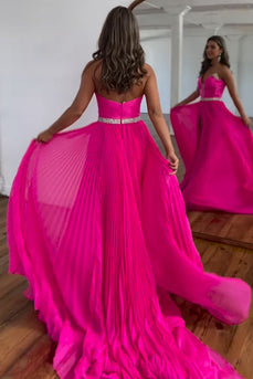 Sparkly Fuchsia A Line Pleated Long Prom Dress With Slit