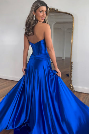 Royal Blue A Line Satin Long Corset Prom Dress With Slit