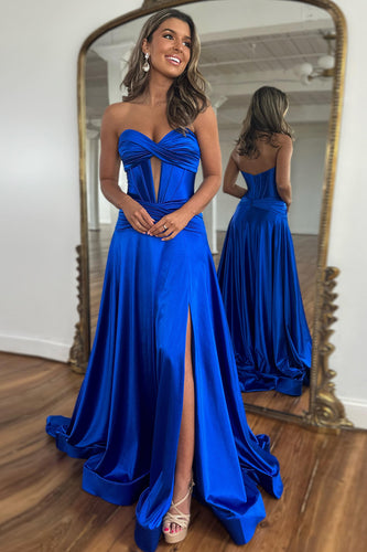 Royal Blue A Line Satin Long Corset Prom Dress With Slit