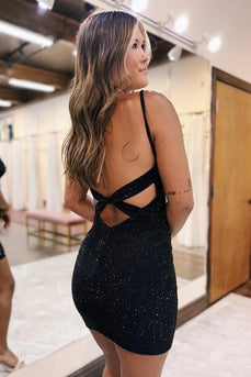 Bodycon Sparkly Black Spaghetti Straps Homecoming Dress with Beading