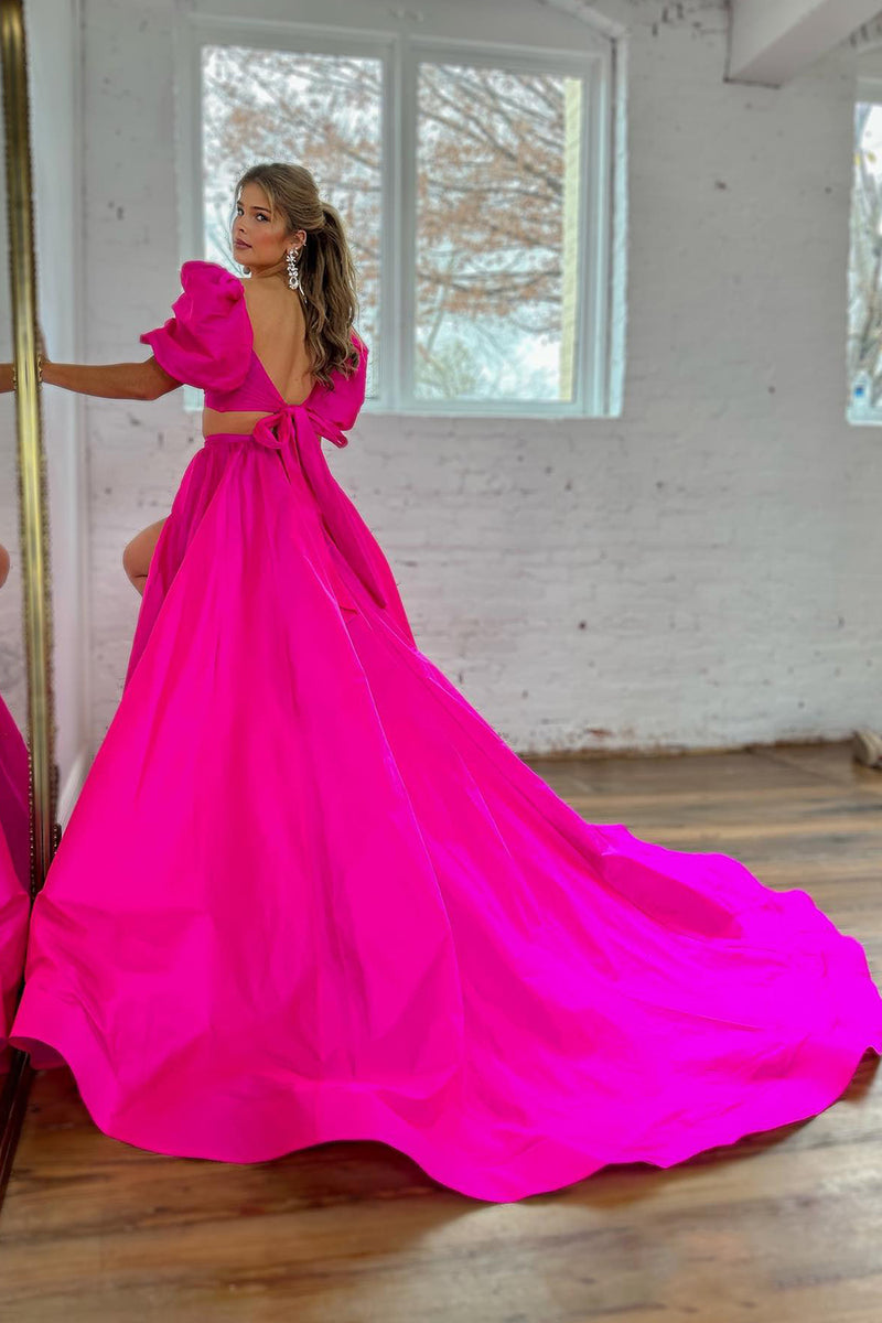 Load image into Gallery viewer, Fuchsia A Line Short Sleeves Backless Long Prom Dress With Slit
