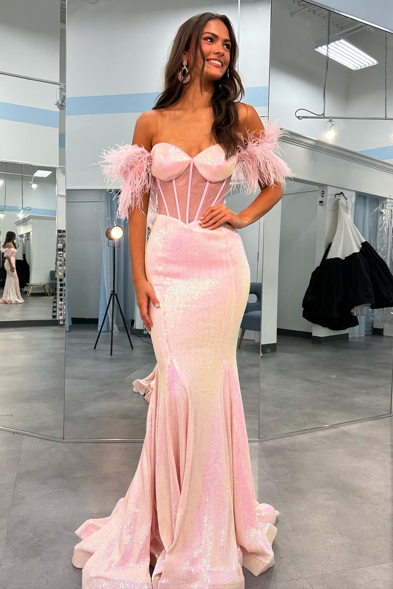 Load image into Gallery viewer, Sparkly Blush Mermaid Long Corset Prom Dress With Feather