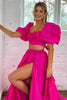 Load image into Gallery viewer, Fuchsia A Line Short Sleeves Backless Long Prom Dress With Slit