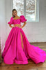 Load image into Gallery viewer, Fuchsia A Line Short Sleeves Backless Long Prom Dress With Slit