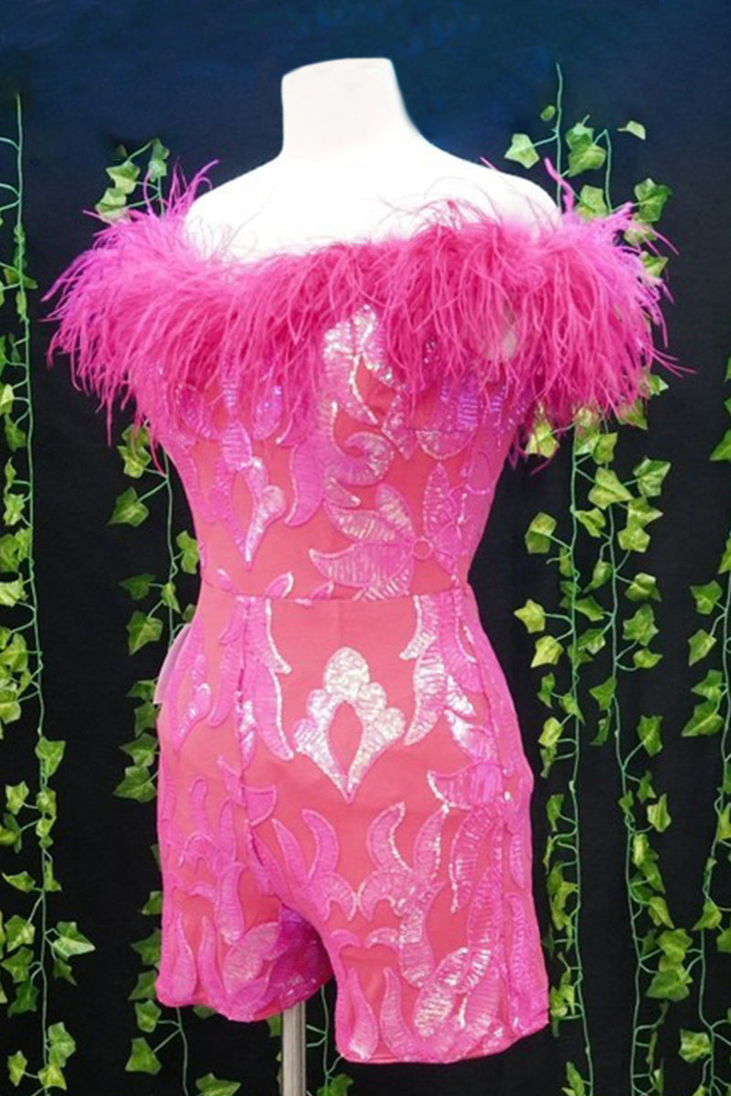 Load image into Gallery viewer, Sparkly Fuchsia Off The Shoulder Sequined Homecoming Dress with Feathers