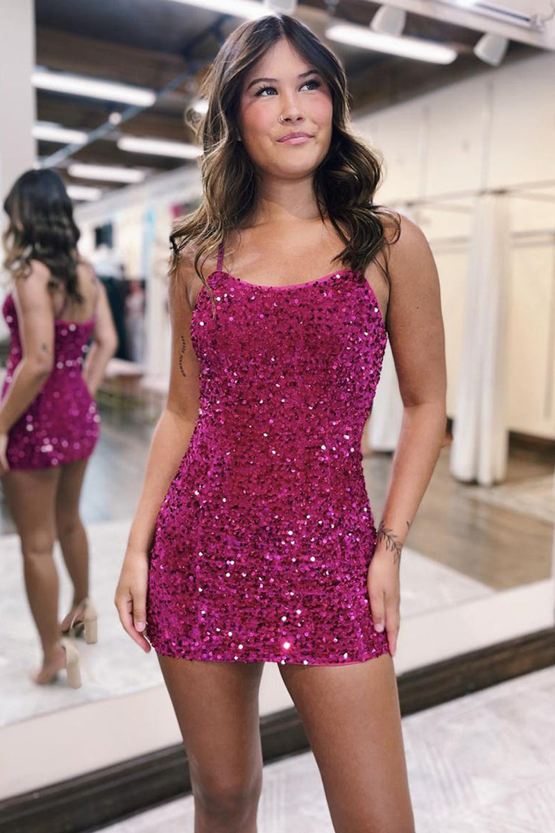 Load image into Gallery viewer, Fuchsia Sparkly Spaghetti Straps Bodycon Homecoming Dress with Sequins