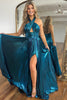 Load image into Gallery viewer, Glitter Turquoise Halter Cut Out Backless Long Prom Dress With Slit