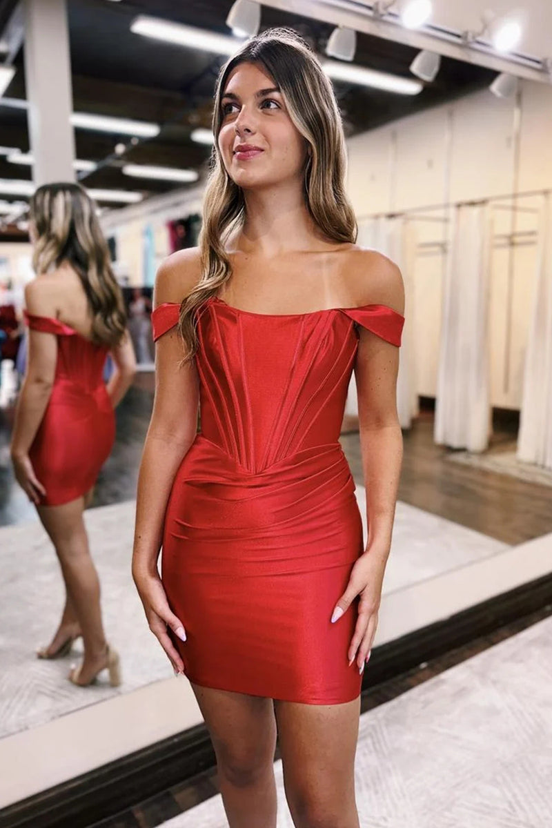 Load image into Gallery viewer, Bodycon Red Off The Shoulder Corset Homecoming Dress