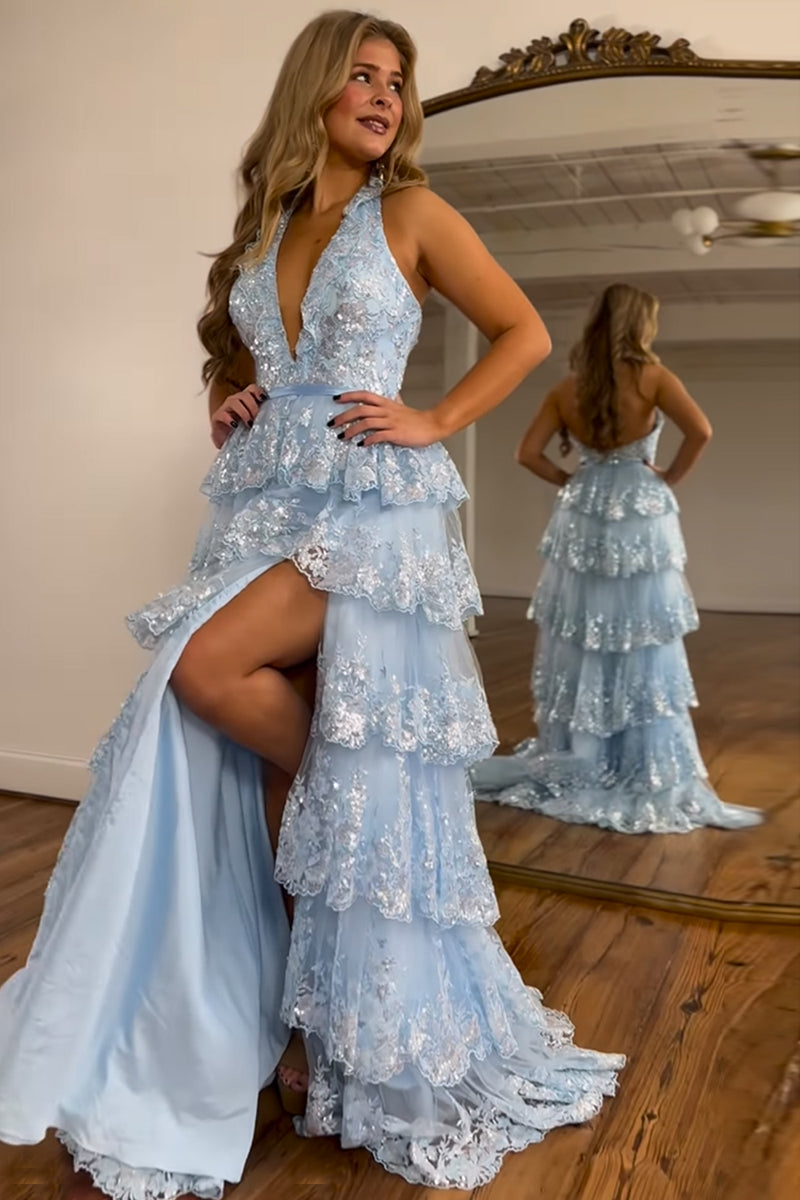 Load image into Gallery viewer, Sparkly Light Blue Halter Backless Lace Tiered Long Prom Dress With Slit