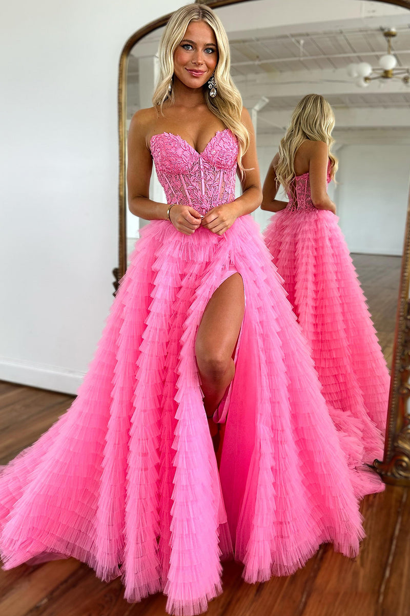 Load image into Gallery viewer, Pink A Line Sweetheart Tiered Long Corset Prom Dress With Lace