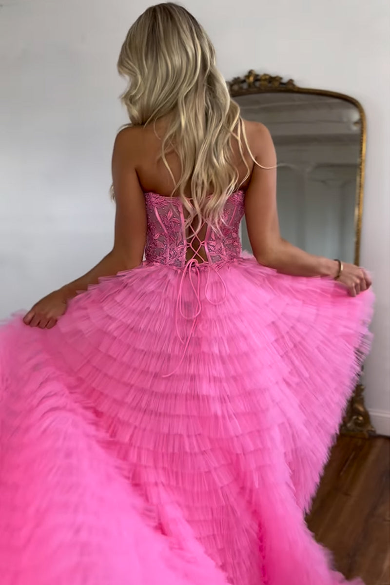 Load image into Gallery viewer, Pink A Line Sweetheart Tiered Long Corset Prom Dress With Lace