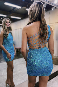 Sparkly Turquoise One Shoulder Bodycon Homecoming Dress with Sequins