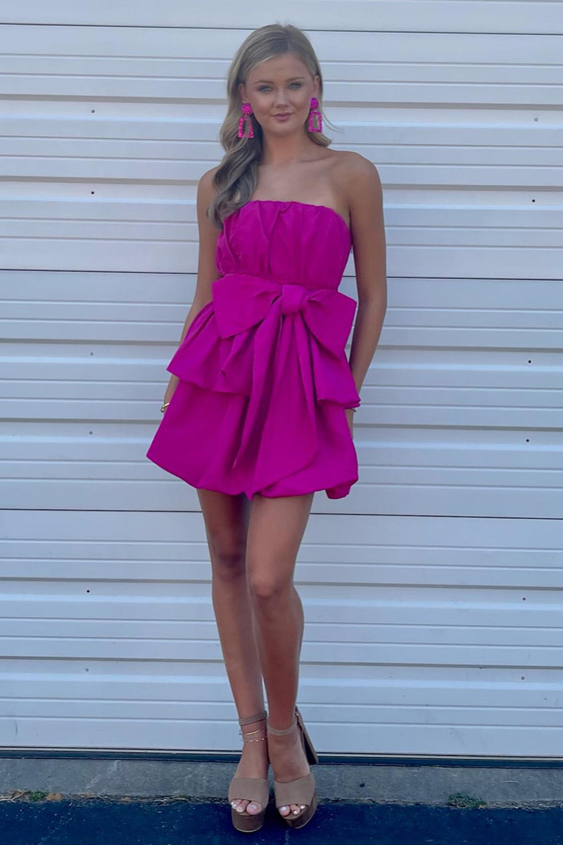 Load image into Gallery viewer, Fuchsia A-Line Strapless Short Homecoming Dress with Bow