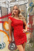 Load image into Gallery viewer, Sparkly Red One Shoulder Bodycon Homecoming Dress with Feather