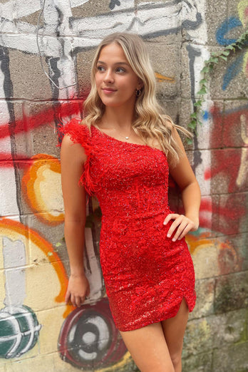 Sparkly Red One Shoulder Bodycon Homecoming Dress with Feather