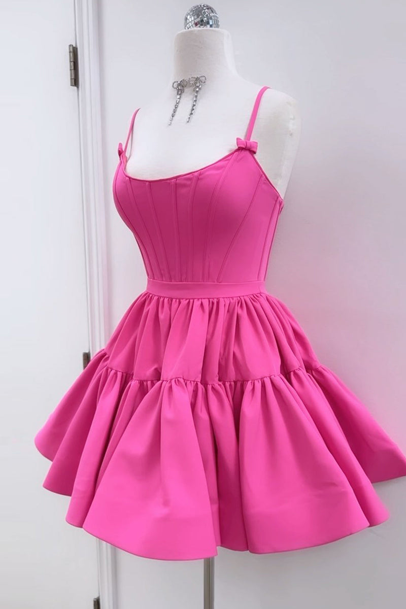 Load image into Gallery viewer, A-Line Fuchsia Spaghetti Straps Homecoming Dress with Criss Cross Back