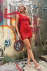 Load image into Gallery viewer, Sparkly Red One Shoulder Bodycon Homecoming Dress with Feather