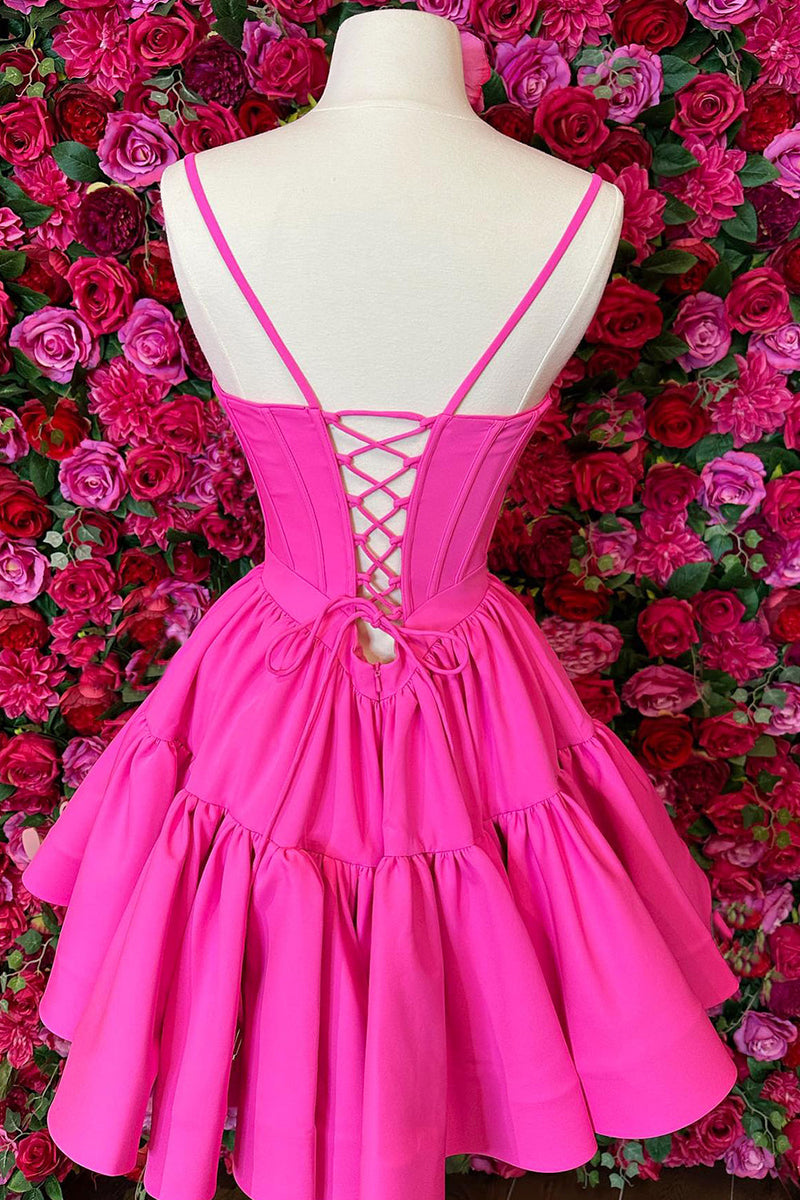 Load image into Gallery viewer, A-Line Fuchsia Spaghetti Straps Homecoming Dress with Criss Cross Back