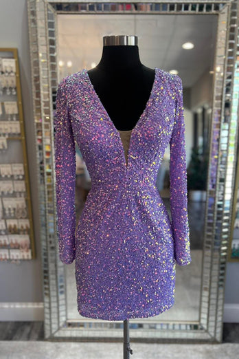 Sparkly Light Purple  V-Neck Bodycon Homecoming Dress with Long Sleeves