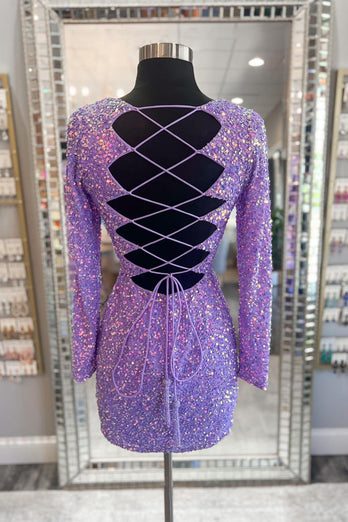 Sparkly Light Purple  V-Neck Bodycon Homecoming Dress with Long Sleeves