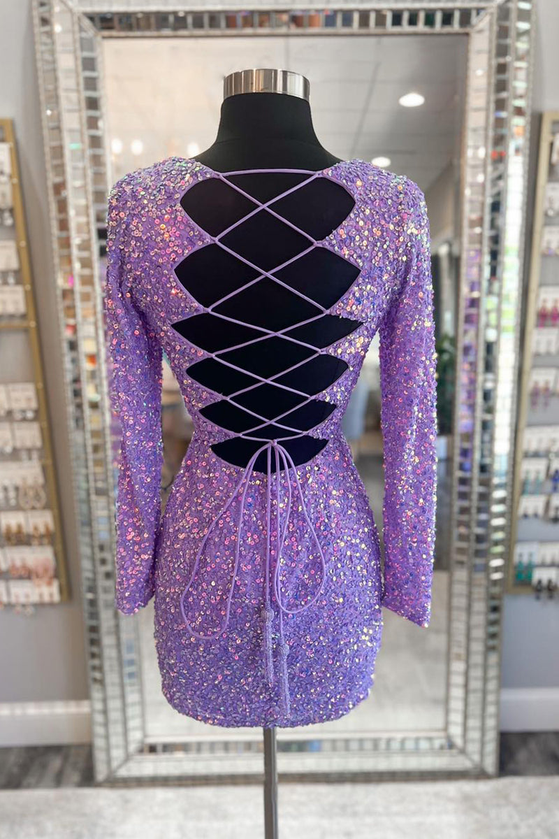 Load image into Gallery viewer, Sparkly Light Purple  V-Neck Bodycon Homecoming Dress with Long Sleeves