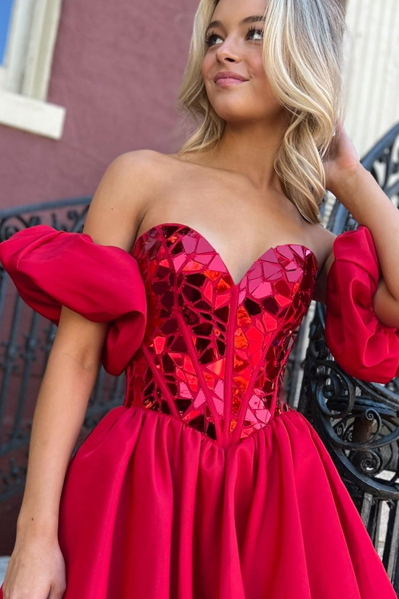 Load image into Gallery viewer, A-Line Red Sweetheart Mirror Satin Homecoming Dress with Detchable Sleeves