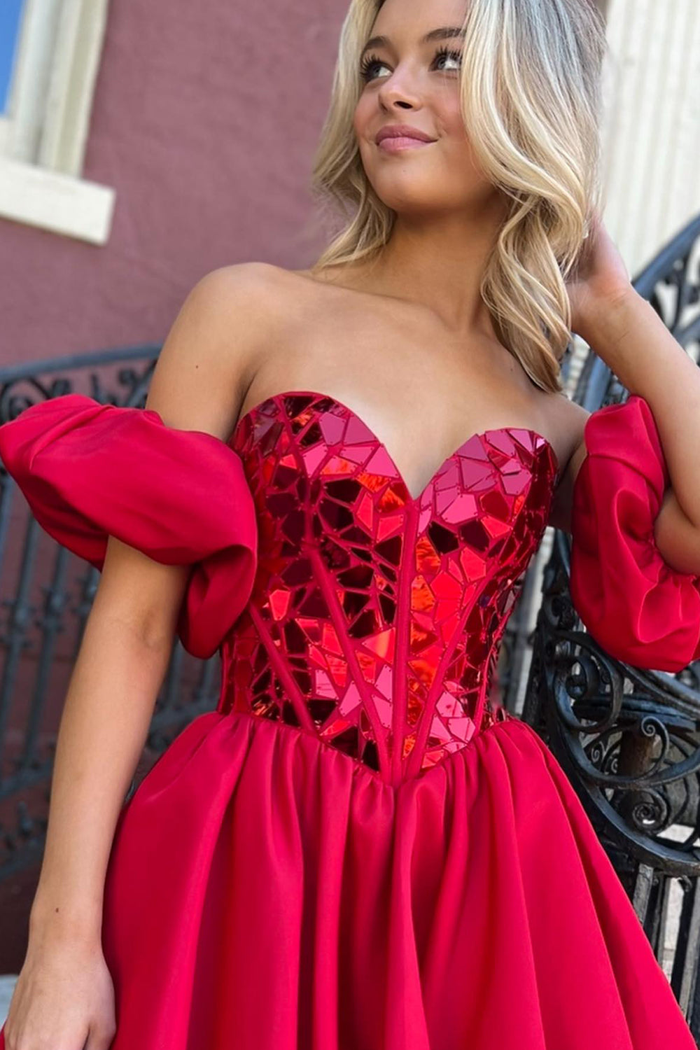 A-Line Red Sweetheart Mirror Satin Homecoming Dress with Detchable Sleeves