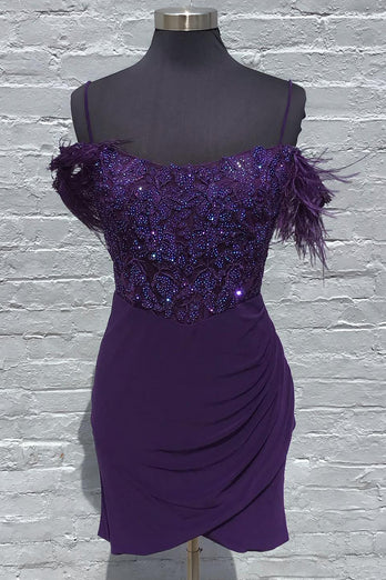 Grape Spaghetti Straps Bodycon Homecoming Dress with Feather