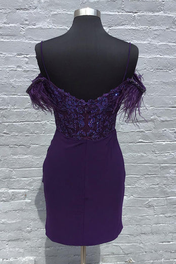 Grape Spaghetti Straps Bodycon Homecoming Dress with Feather