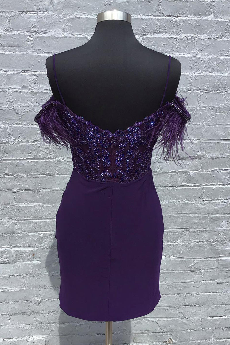 Load image into Gallery viewer, Grape Spaghetti Straps Bodycon Homecoming Dress with Feather