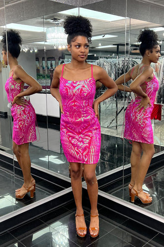 Fuchsia Spaghetti Straps Bodycon Homecoming Dress with Sequins