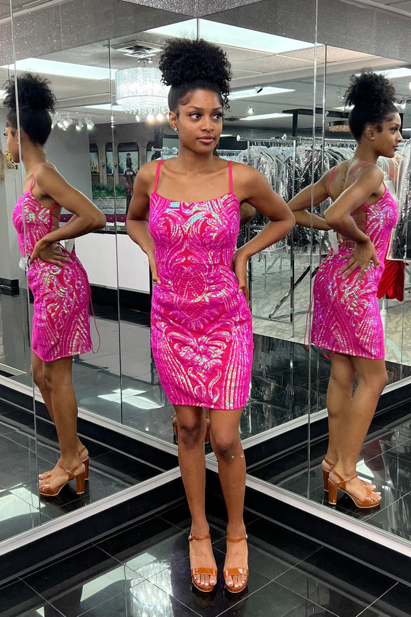 Load image into Gallery viewer, Fuchsia Spaghetti Straps Bodycon Homecoming Dress with Sequins