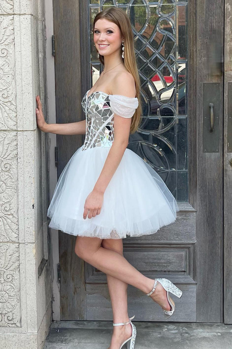 Load image into Gallery viewer, White A-Line Off The Shoulder Mirror Tulle Homecoming Dress