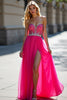 Load image into Gallery viewer, Fuchsia Sweetheart Tulle Long Beaded Prom Dress with Slit