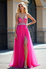 Load image into Gallery viewer, Fuchsia Sweetheart Tulle Long Beaded Prom Dress with Slit