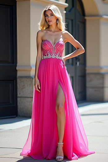 Fuchsia Sweetheart Tulle Long Beaded Prom Dress with Slit