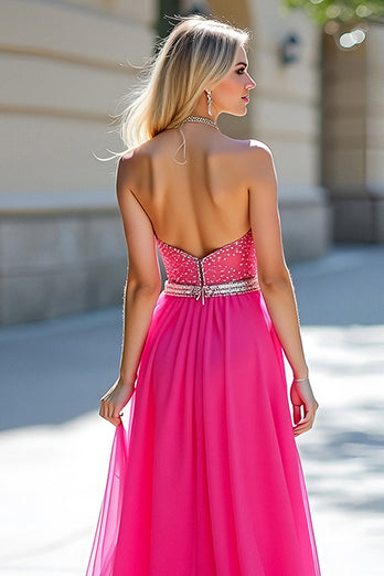 Fuchsia Sweetheart Tulle Long Beaded Prom Dress with Slit