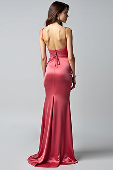 Watermelon Sheath Spaghetti Straps Ruched Long Formal Dress