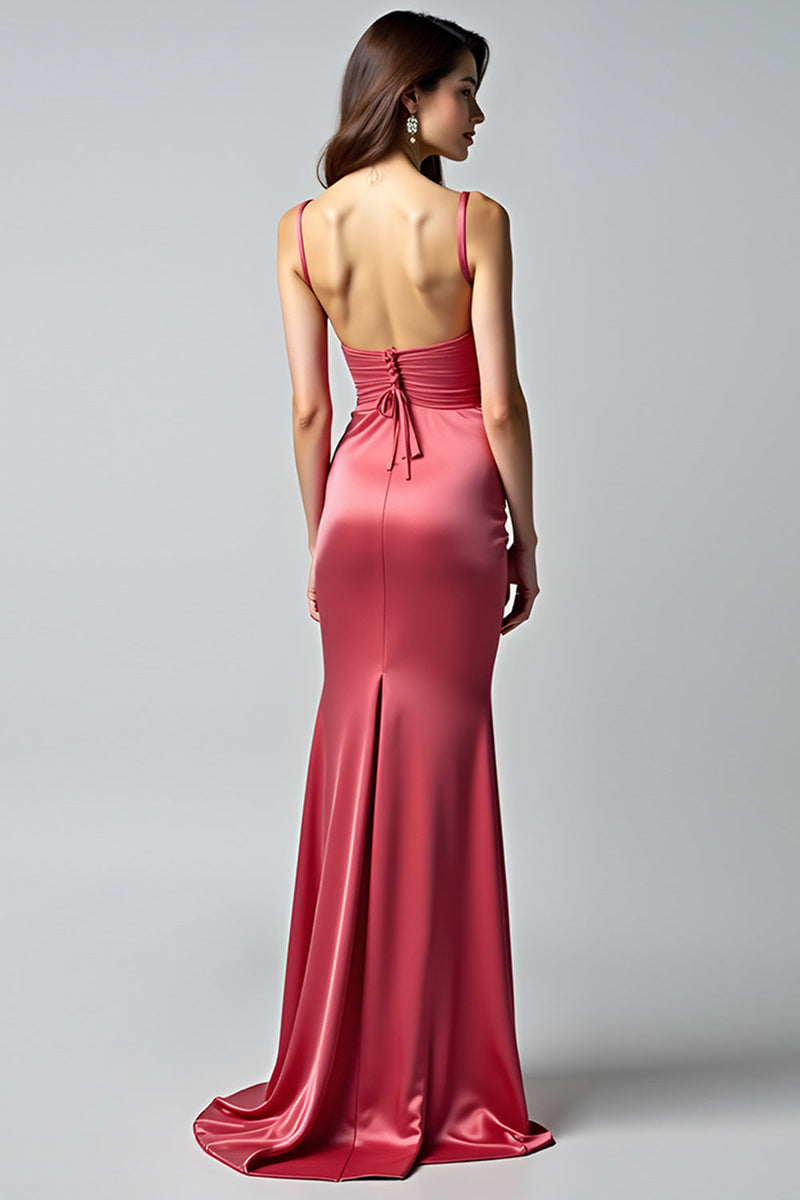 Load image into Gallery viewer, Watermelon Sheath Spaghetti Straps Ruched Long Formal Dress