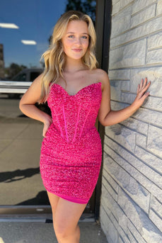 Sparkly Fuchsia Bodycon Sweetheart Homecoming Dress with Sequins