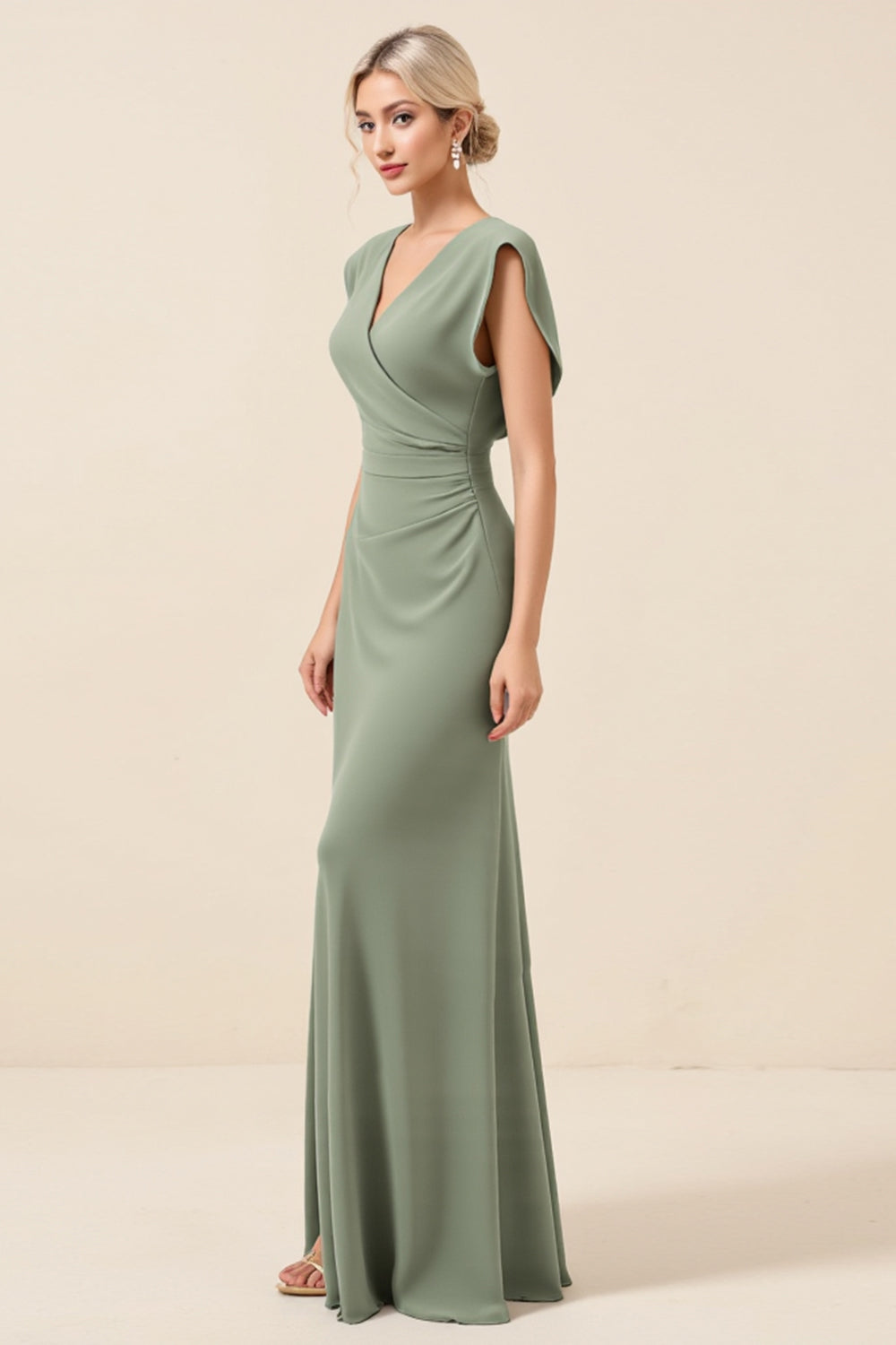 Eucalyptus Sheath Chiffon V-Neck Long Bridesmaid Dress with Slit