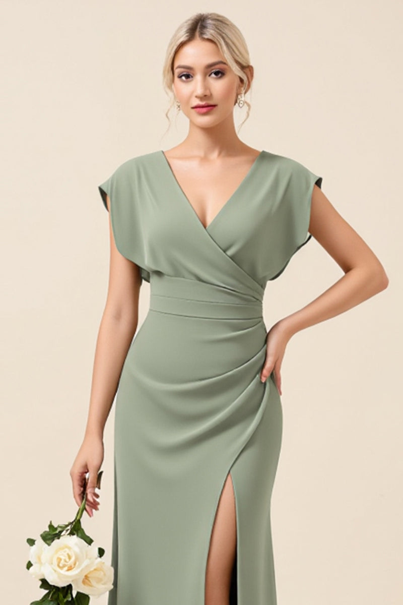 Load image into Gallery viewer, Eucalyptus Sheath Chiffon V-Neck Long Bridesmaid Dress with Slit