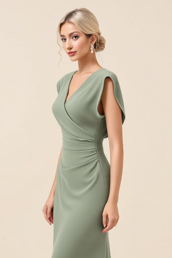 Eucalyptus Sheath Chiffon V-Neck Long Bridesmaid Dress with Slit