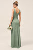 Load image into Gallery viewer, Satin Eucalyptus Sheath Ruched Long Bridesmaid Dress with Slit