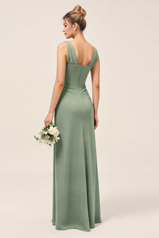 Satin Eucalyptus Sheath Ruched Long Bridesmaid Dress with Slit