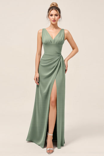 Satin Eucalyptus Sheath Ruched Long Bridesmaid Dress with Slit